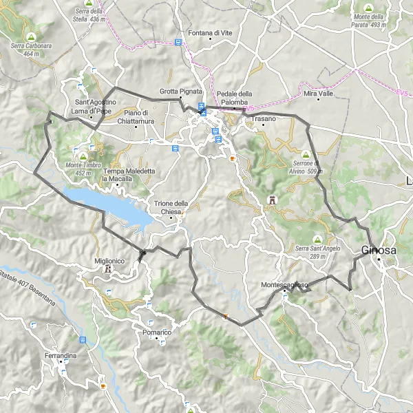 Miniatura della mappa di ispirazione al ciclismo "Avventura ciclistica tra Matera e Montescaglioso" nella regione di Puglia, Italy. Generata da Tarmacs.app, pianificatore di rotte ciclistiche