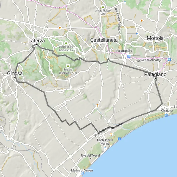 Miniatura della mappa di ispirazione al ciclismo "Giro in bici stradale verso Palagiano" nella regione di Puglia, Italy. Generata da Tarmacs.app, pianificatore di rotte ciclistiche