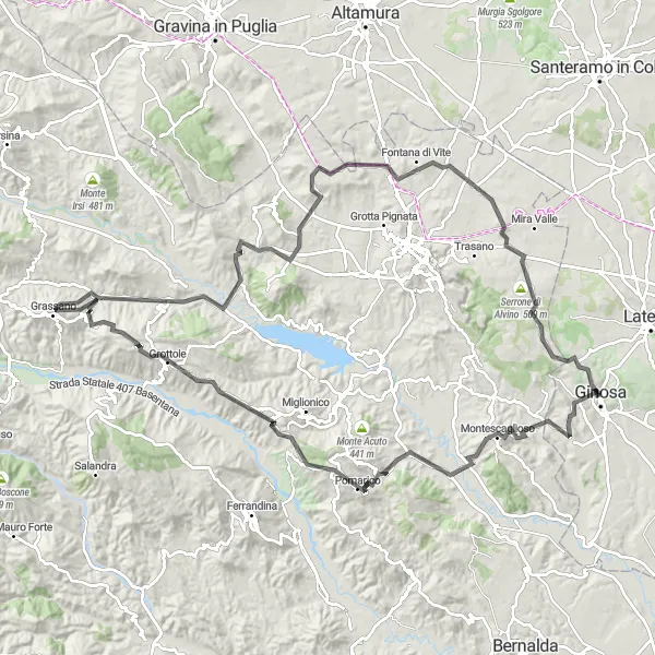 Miniatura della mappa di ispirazione al ciclismo "Lungo Strada della Storia" nella regione di Puglia, Italy. Generata da Tarmacs.app, pianificatore di rotte ciclistiche