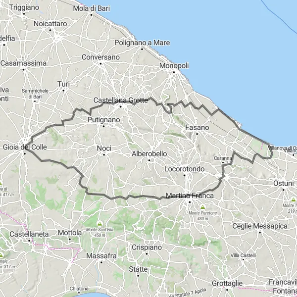 Miniatura della mappa di ispirazione al ciclismo "Strada dei Trulli" nella regione di Puglia, Italy. Generata da Tarmacs.app, pianificatore di rotte ciclistiche