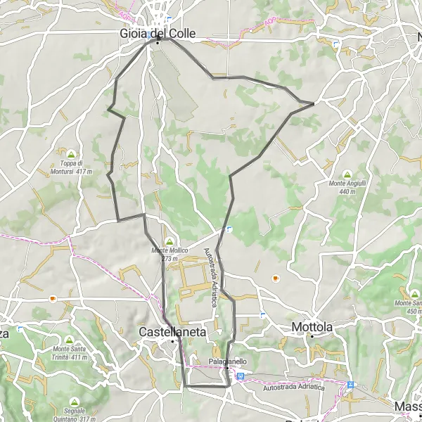 Miniatura della mappa di ispirazione al ciclismo "Tra Castelli e Colline" nella regione di Puglia, Italy. Generata da Tarmacs.app, pianificatore di rotte ciclistiche