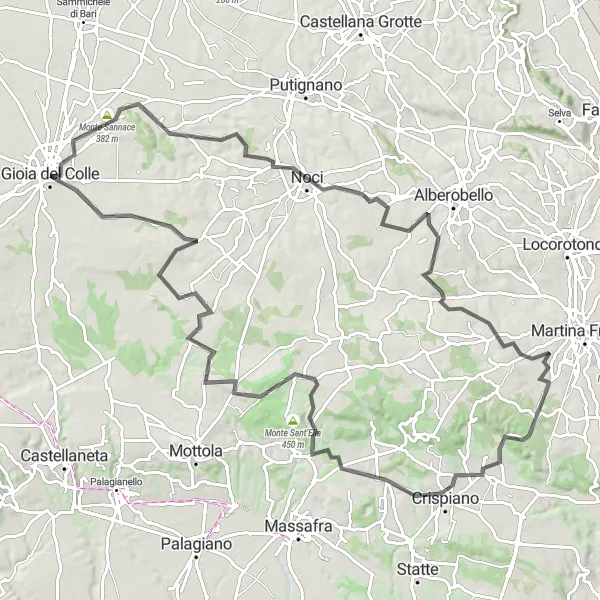 Miniatura della mappa di ispirazione al ciclismo "Avventura nelle Colline della Puglia" nella regione di Puglia, Italy. Generata da Tarmacs.app, pianificatore di rotte ciclistiche