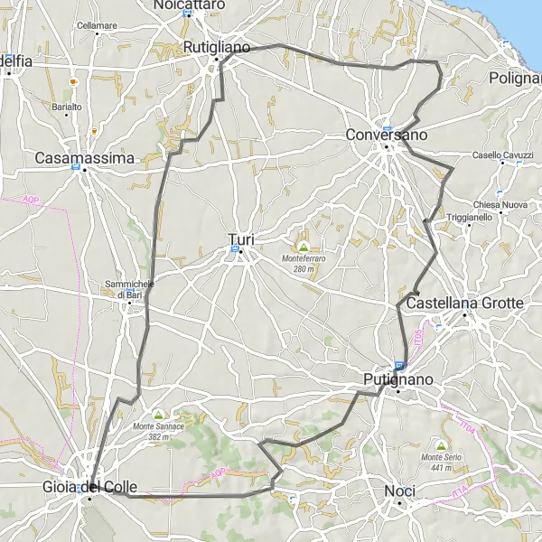 Miniatura della mappa di ispirazione al ciclismo "Alla Scoperta dei Borghi Antichi" nella regione di Puglia, Italy. Generata da Tarmacs.app, pianificatore di rotte ciclistiche