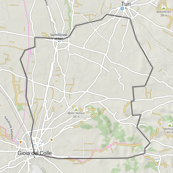 Miniatura della mappa di ispirazione al ciclismo "Sulle Tracce dell'Antichità" nella regione di Puglia, Italy. Generata da Tarmacs.app, pianificatore di rotte ciclistiche