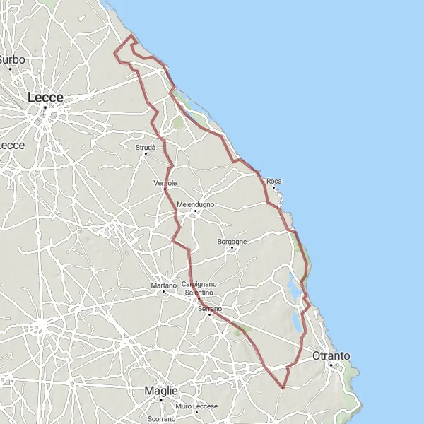 Miniatura della mappa di ispirazione al ciclismo "Esplorando la campagna salentina in gravel" nella regione di Puglia, Italy. Generata da Tarmacs.app, pianificatore di rotte ciclistiche