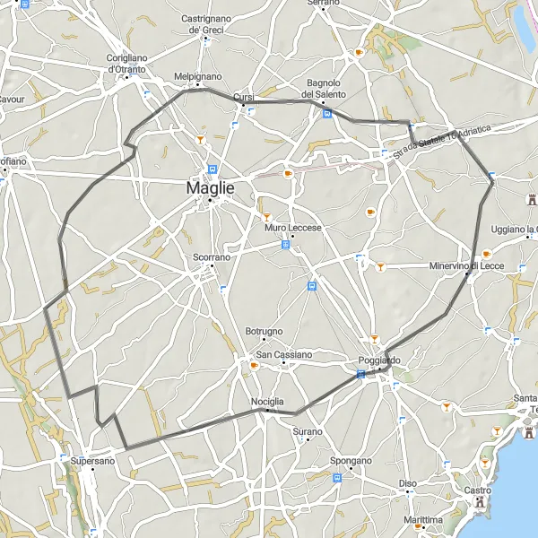 Miniatura della mappa di ispirazione al ciclismo "Alla Scoperta dell'Entroterra Salentino" nella regione di Puglia, Italy. Generata da Tarmacs.app, pianificatore di rotte ciclistiche
