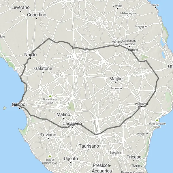 Miniatura della mappa di ispirazione al ciclismo "Ciclovia dei Borghi dell'entroterra salentino" nella regione di Puglia, Italy. Generata da Tarmacs.app, pianificatore di rotte ciclistiche