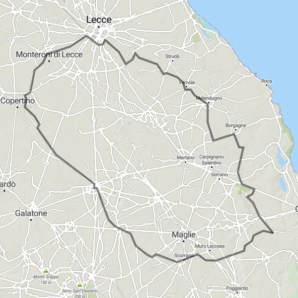 Miniatura della mappa di ispirazione al ciclismo "Scoprire il Salento in Bicicletta" nella regione di Puglia, Italy. Generata da Tarmacs.app, pianificatore di rotte ciclistiche