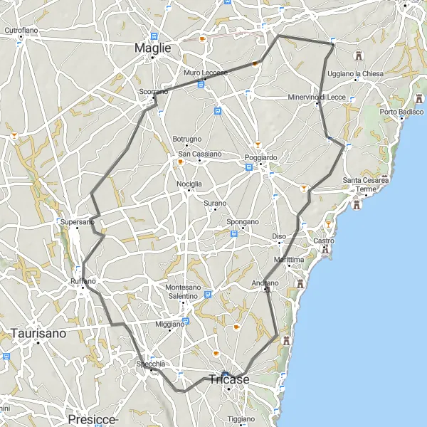 Miniatura della mappa di ispirazione al ciclismo "Sentieri della costa orientale salentina" nella regione di Puglia, Italy. Generata da Tarmacs.app, pianificatore di rotte ciclistiche