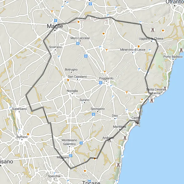 Miniatura della mappa di ispirazione al ciclismo "Tra Borghi e Paesaggi Salentini" nella regione di Puglia, Italy. Generata da Tarmacs.app, pianificatore di rotte ciclistiche