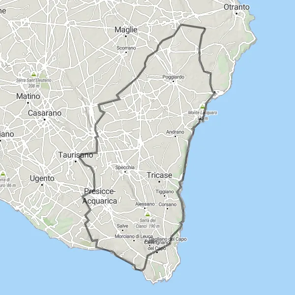 Miniatura della mappa di ispirazione al ciclismo "Tour delle Torri Costiere" nella regione di Puglia, Italy. Generata da Tarmacs.app, pianificatore di rotte ciclistiche