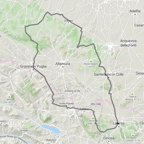 Map miniature of "Mountains and Valley Adventure" cycling inspiration in Puglia, Italy. Generated by Tarmacs.app cycling route planner
