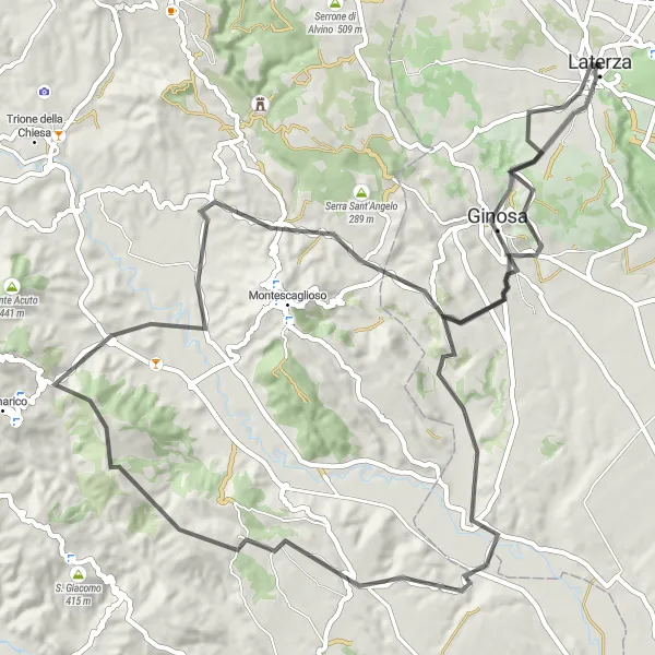 Miniatura della mappa di ispirazione al ciclismo "Tour panoramico da belvedere a Laterza" nella regione di Puglia, Italy. Generata da Tarmacs.app, pianificatore di rotte ciclistiche