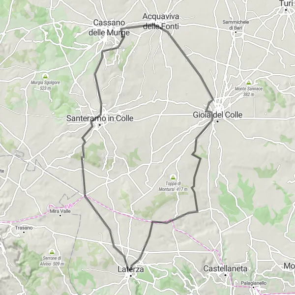 Miniatura della mappa di ispirazione al ciclismo "Alla scoperta di Santeramo in Colle" nella regione di Puglia, Italy. Generata da Tarmacs.app, pianificatore di rotte ciclistiche