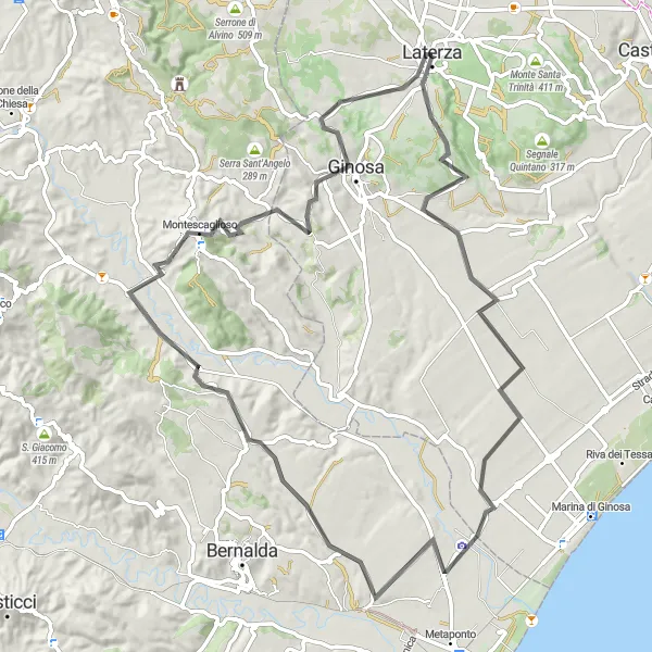 Miniatura della mappa di ispirazione al ciclismo "Giro in bicicletta tra Santuario di Hera e Ginosa" nella regione di Puglia, Italy. Generata da Tarmacs.app, pianificatore di rotte ciclistiche