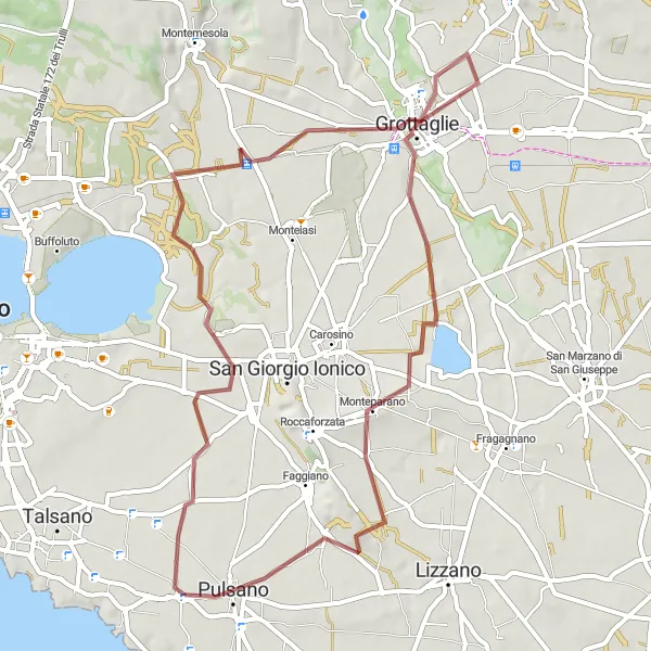 Miniatura della mappa di ispirazione al ciclismo "Esplorazione gravel a Grottaglie" nella regione di Puglia, Italy. Generata da Tarmacs.app, pianificatore di rotte ciclistiche