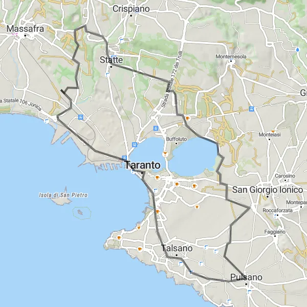 Miniatura della mappa di ispirazione al ciclismo "Scoperta dei tesori di Taranto in bicicletta" nella regione di Puglia, Italy. Generata da Tarmacs.app, pianificatore di rotte ciclistiche