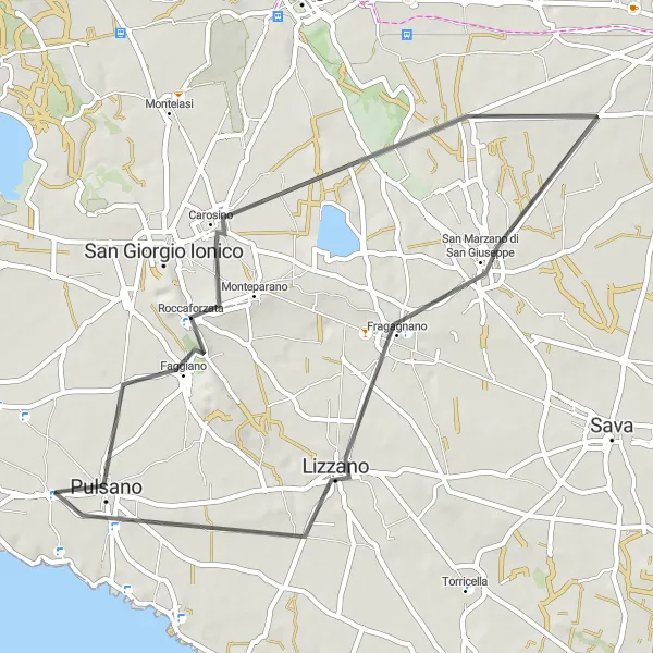 Map miniature of "Faggiano and Carosino Cycling Adventure" cycling inspiration in Puglia, Italy. Generated by Tarmacs.app cycling route planner