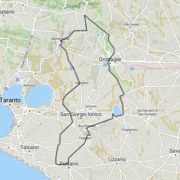 Miniatura della mappa di ispirazione al ciclismo "Tour enogastronomico in bicicletta tra Grottaglie e Pulsano" nella regione di Puglia, Italy. Generata da Tarmacs.app, pianificatore di rotte ciclistiche