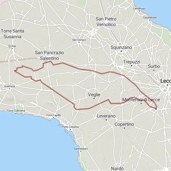 Map miniature of "Looping around Salento" cycling inspiration in Puglia, Italy. Generated by Tarmacs.app cycling route planner