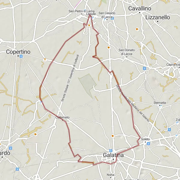 Miniatura della mappa di ispirazione al ciclismo "Gravel Tour tra Lequile e San Pietro in Lama" nella regione di Puglia, Italy. Generata da Tarmacs.app, pianificatore di rotte ciclistiche