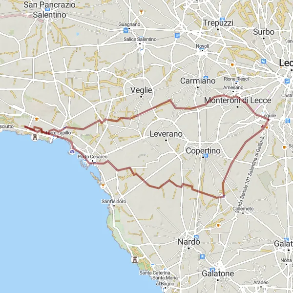 Miniatura della mappa di ispirazione al ciclismo "Sulle tracce degli antichi borghi" nella regione di Puglia, Italy. Generata da Tarmacs.app, pianificatore di rotte ciclistiche