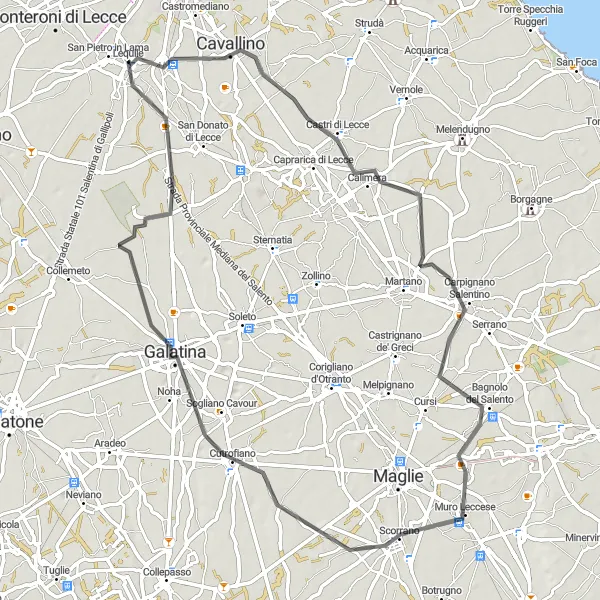 Miniatura della mappa di ispirazione al ciclismo "Viaggio tra ville e chiese salentine" nella regione di Puglia, Italy. Generata da Tarmacs.app, pianificatore di rotte ciclistiche