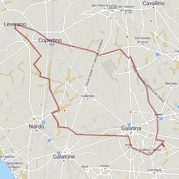 Miniatura della mappa di ispirazione al ciclismo "Esplorazione in gravel tra natura e tradizione" nella regione di Puglia, Italy. Generata da Tarmacs.app, pianificatore di rotte ciclistiche