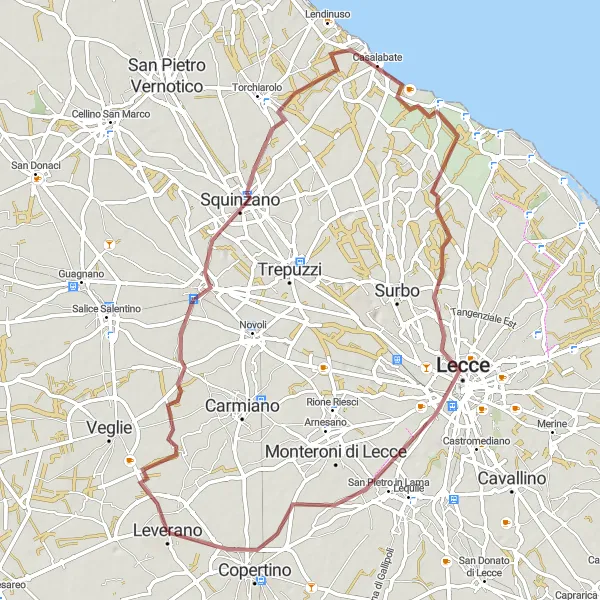 Miniatura della mappa di ispirazione al ciclismo "Percorso Gravel Leverano-Copertino" nella regione di Puglia, Italy. Generata da Tarmacs.app, pianificatore di rotte ciclistiche