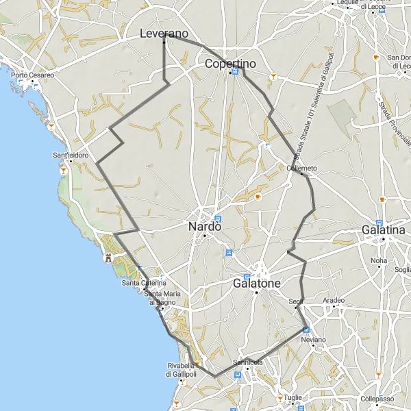 Miniatura della mappa di ispirazione al ciclismo "Ciclabile Road Leverano-Belvedere di San Mauro" nella regione di Puglia, Italy. Generata da Tarmacs.app, pianificatore di rotte ciclistiche