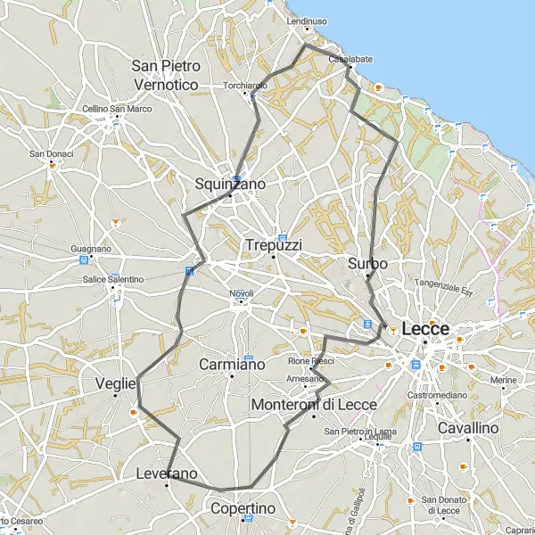 Miniatura della mappa di ispirazione al ciclismo "Giro in bicicletta da Leverano a Monteroni di Lecce e ritorno" nella regione di Puglia, Italy. Generata da Tarmacs.app, pianificatore di rotte ciclistiche