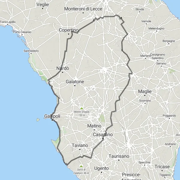 Miniatura della mappa di ispirazione al ciclismo "Ciclovia del Salento" nella regione di Puglia, Italy. Generata da Tarmacs.app, pianificatore di rotte ciclistiche