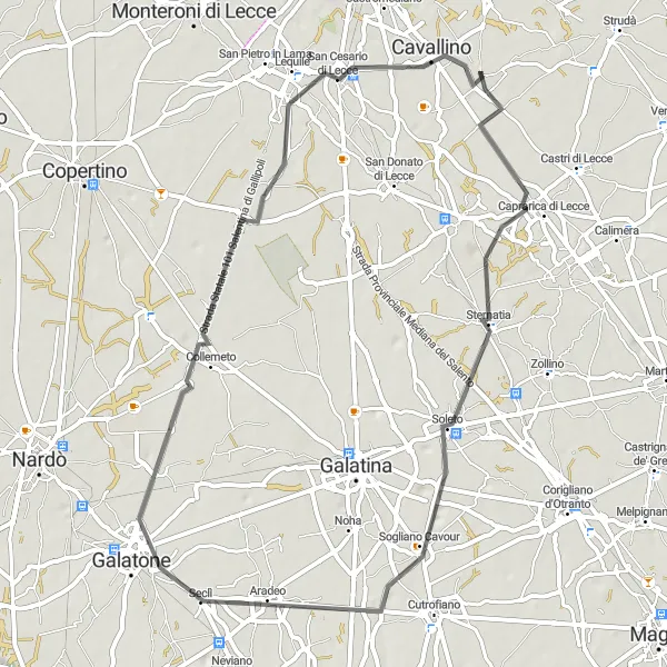 Map miniature of "Caprarica di Lecce to Lizzanello Road Cycling Route" cycling inspiration in Puglia, Italy. Generated by Tarmacs.app cycling route planner