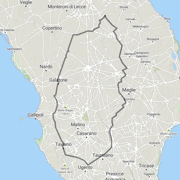 Miniatura della mappa di ispirazione al ciclismo "Grande Giro delle Colline Salentine" nella regione di Puglia, Italy. Generata da Tarmacs.app, pianificatore di rotte ciclistiche
