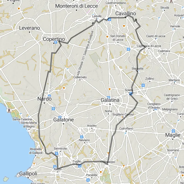 Map miniature of "Discovering Natural Beauty and Historic Villages" cycling inspiration in Puglia, Italy. Generated by Tarmacs.app cycling route planner