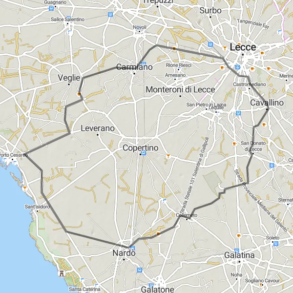 Miniatura della mappa di ispirazione al ciclismo "Tour delle Masserie" nella regione di Puglia, Italy. Generata da Tarmacs.app, pianificatore di rotte ciclistiche