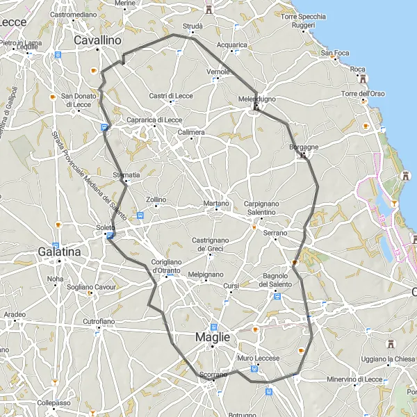 Miniatura della mappa di ispirazione al ciclismo "Rotta dei Paesaggi Rurali" nella regione di Puglia, Italy. Generata da Tarmacs.app, pianificatore di rotte ciclistiche
