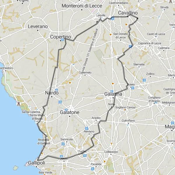 Map miniature of "Lizzanello to Nardò Loop" cycling inspiration in Puglia, Italy. Generated by Tarmacs.app cycling route planner