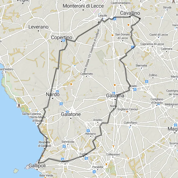 Miniatura della mappa di ispirazione al ciclismo "Ciclovia del Salento" nella regione di Puglia, Italy. Generata da Tarmacs.app, pianificatore di rotte ciclistiche