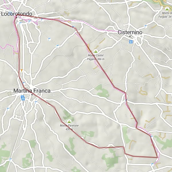 Miniatura della mappa di ispirazione al ciclismo "Percorso in bicicletta attraverso Monte Castel Pagano" nella regione di Puglia, Italy. Generata da Tarmacs.app, pianificatore di rotte ciclistiche