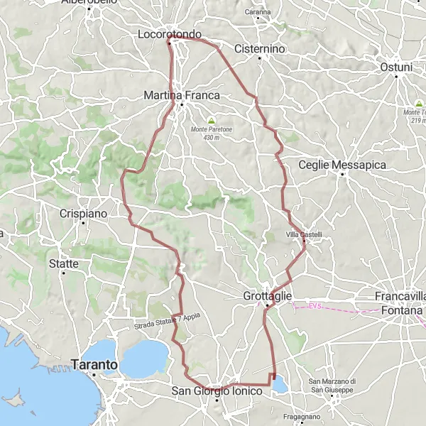 Miniatura della mappa di ispirazione al ciclismo "Avventurosa esplorazione su sterrato verso Martina Franca" nella regione di Puglia, Italy. Generata da Tarmacs.app, pianificatore di rotte ciclistiche
