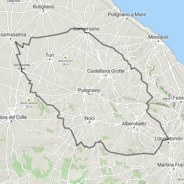 Miniatura della mappa di ispirazione al ciclismo "Tour ciclistico verso Conversano" nella regione di Puglia, Italy. Generata da Tarmacs.app, pianificatore di rotte ciclistiche