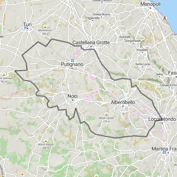 Miniatura della mappa di ispirazione al ciclismo "Giro in bicicletta da Locorotondo" nella regione di Puglia, Italy. Generata da Tarmacs.app, pianificatore di rotte ciclistiche