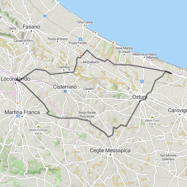 Miniatura della mappa di ispirazione al ciclismo "Giro in bicicletta intorno a Locorotondo" nella regione di Puglia, Italy. Generata da Tarmacs.app, pianificatore di rotte ciclistiche