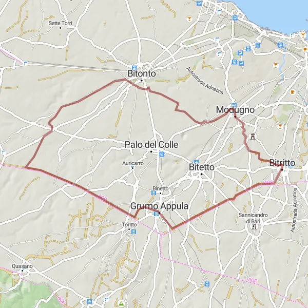 Map miniature of "Gravel Cycling Adventure in Puglia" cycling inspiration in Puglia, Italy. Generated by Tarmacs.app cycling route planner