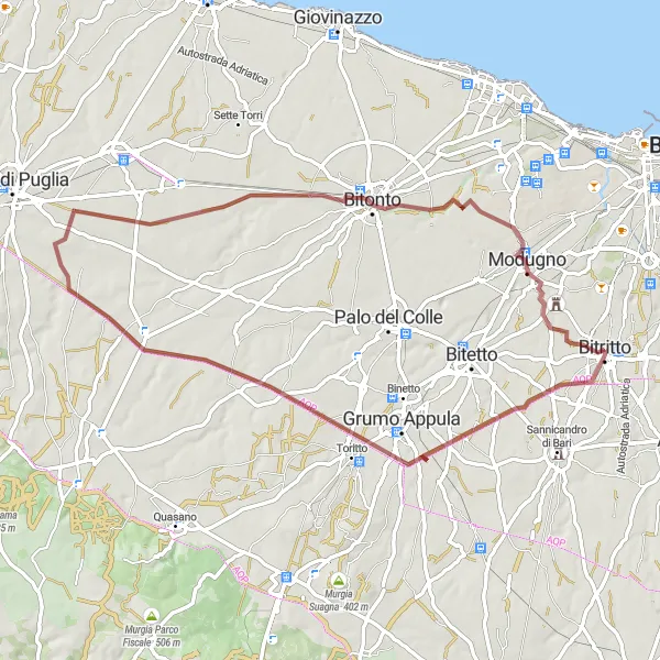 Map miniature of "Gravel Cycling Tour: Toritto to Bitonto" cycling inspiration in Puglia, Italy. Generated by Tarmacs.app cycling route planner