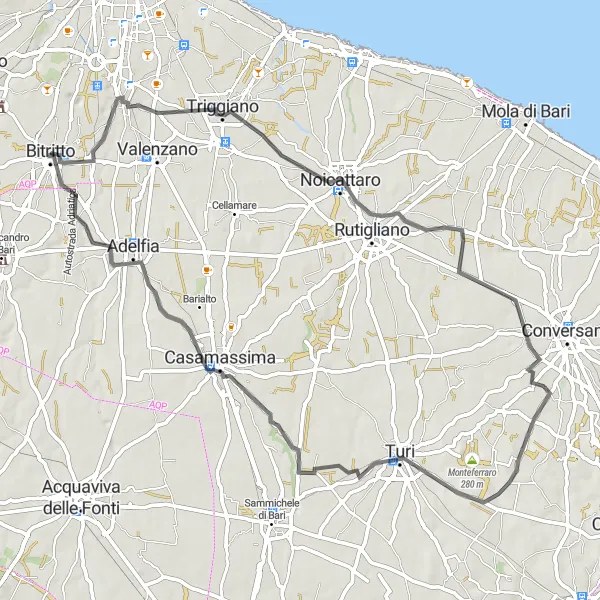 Map miniature of "Loseto to Bitritto Road Cycling Route" cycling inspiration in Puglia, Italy. Generated by Tarmacs.app cycling route planner