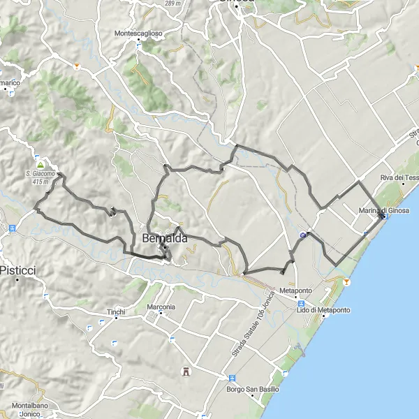 Miniatura della mappa di ispirazione al ciclismo "Tour tra Marina di Ginosa e Santuario di Hera" nella regione di Puglia, Italy. Generata da Tarmacs.app, pianificatore di rotte ciclistiche