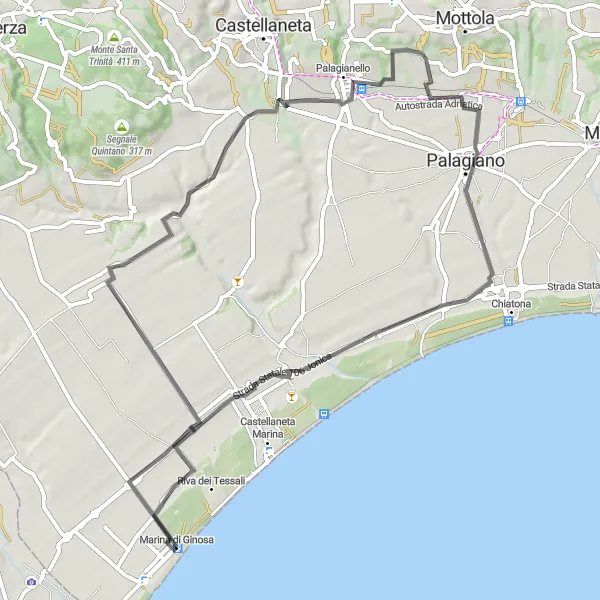 Miniatura della mappa di ispirazione al ciclismo "Tour ciclistico tra Marina di Ginosa e Palagiano" nella regione di Puglia, Italy. Generata da Tarmacs.app, pianificatore di rotte ciclistiche