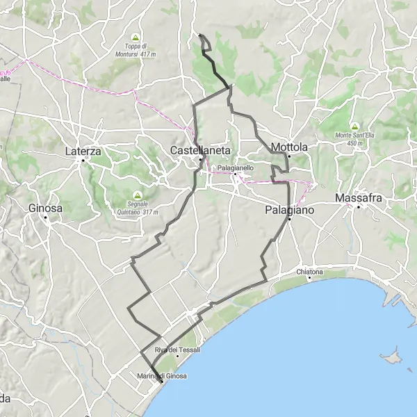 Miniatura della mappa di ispirazione al ciclismo "Giro in bicicletta da Marina di Ginosa a Palagiano" nella regione di Puglia, Italy. Generata da Tarmacs.app, pianificatore di rotte ciclistiche
